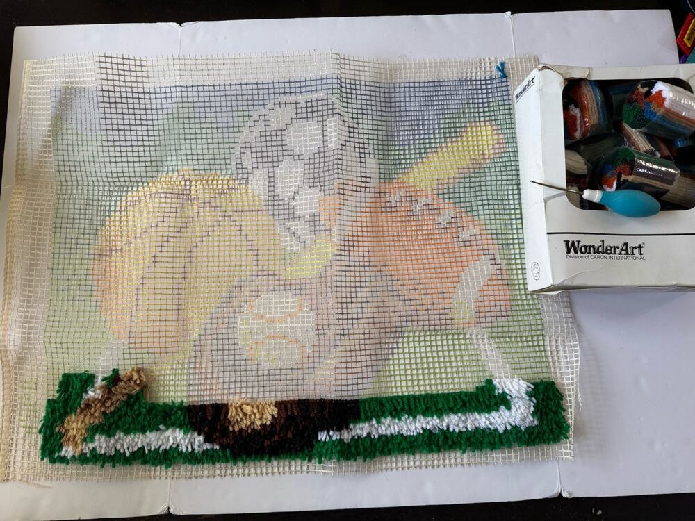 Vtg WonderArt SPORTS Latch Hook Kit #4268 by Caron 20"x27" - Started